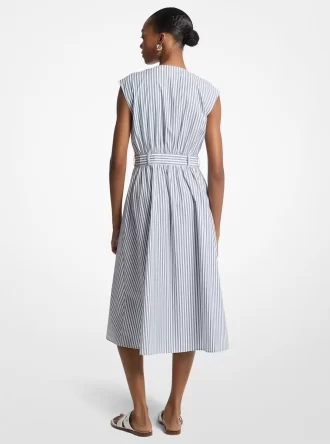 Rochie midi cu curea din poplin de bumbac cu dungi
