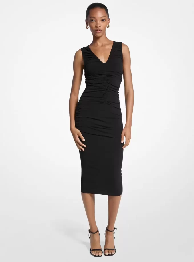 Rochie midi cu volană din jerseu mat stretch Rochie midi cu volană din jerseu mat stretch
