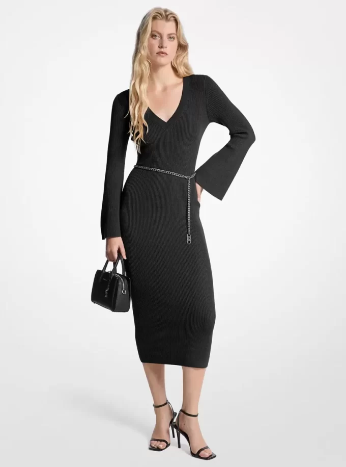 Rochie midi din amestec de lână cu curea Rochie midi din amestec de lână cu curea