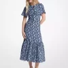 Rochie midi din amestec de viscoză și mătase cu imprimeu floral Rochie midi din amestec de viscoză și mătase cu imprimeu floral