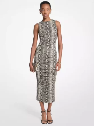 Rochie midi din jerseu elastic cu imprimeu șarpe și pliuri
