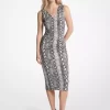 Rochie midi din jerseu mat elastic cu imprimeu șarpe și pliuri