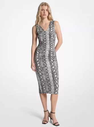 Rochie midi din jerseu mat elastic cu imprimeu șarpe și pliuri