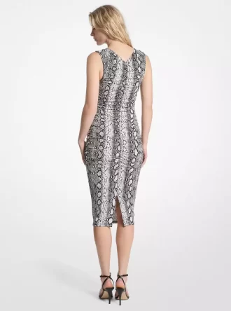 Rochie midi din jerseu mat elastic cu imprimeu șarpe și pliuri