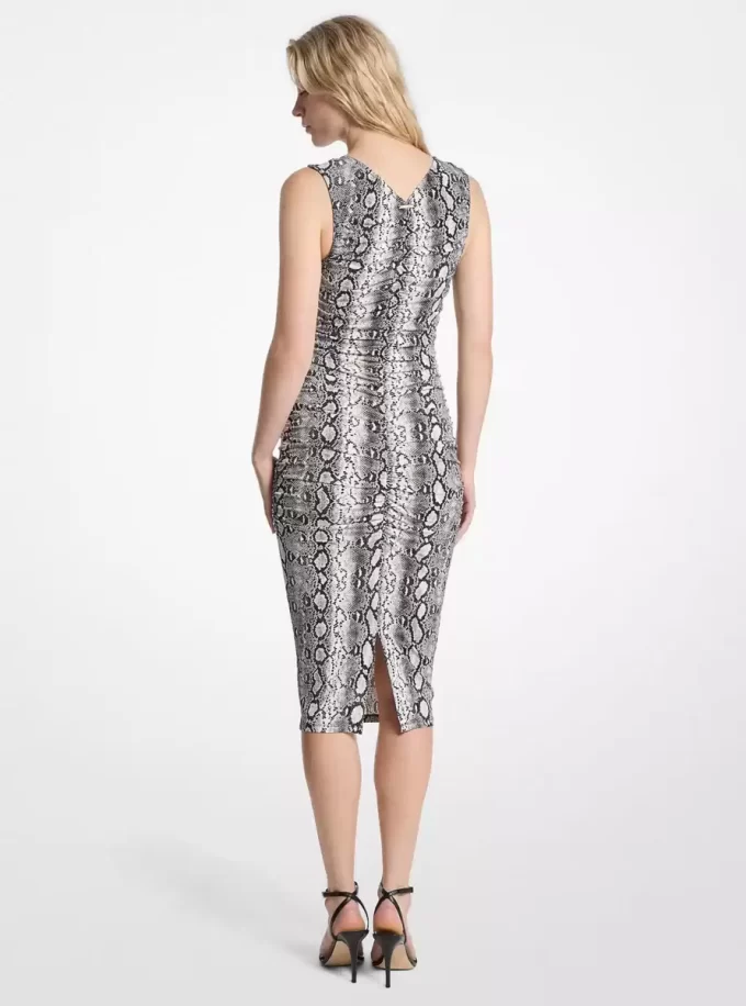 Rochie midi din jerseu mat elastic cu imprimeu șarpe și pliuri