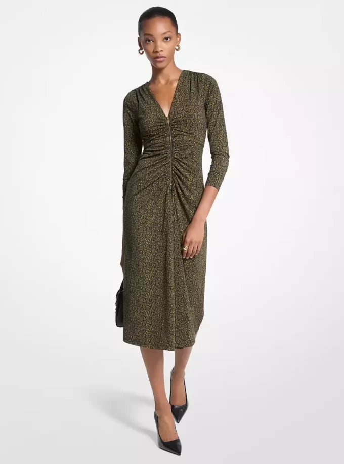 Rochie midi din jerseu mat elastic cu imprimeu Paisley