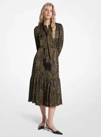 Rochie midi din satin cu imprimeu paisley și guler nou