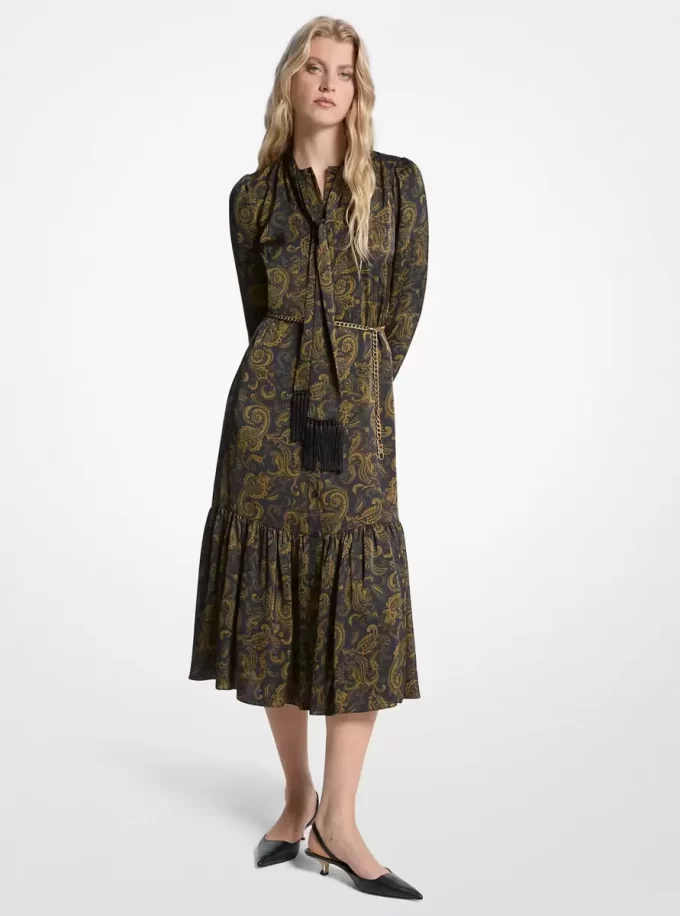 Rochie midi din satin cu imprimeu paisley și guler nou