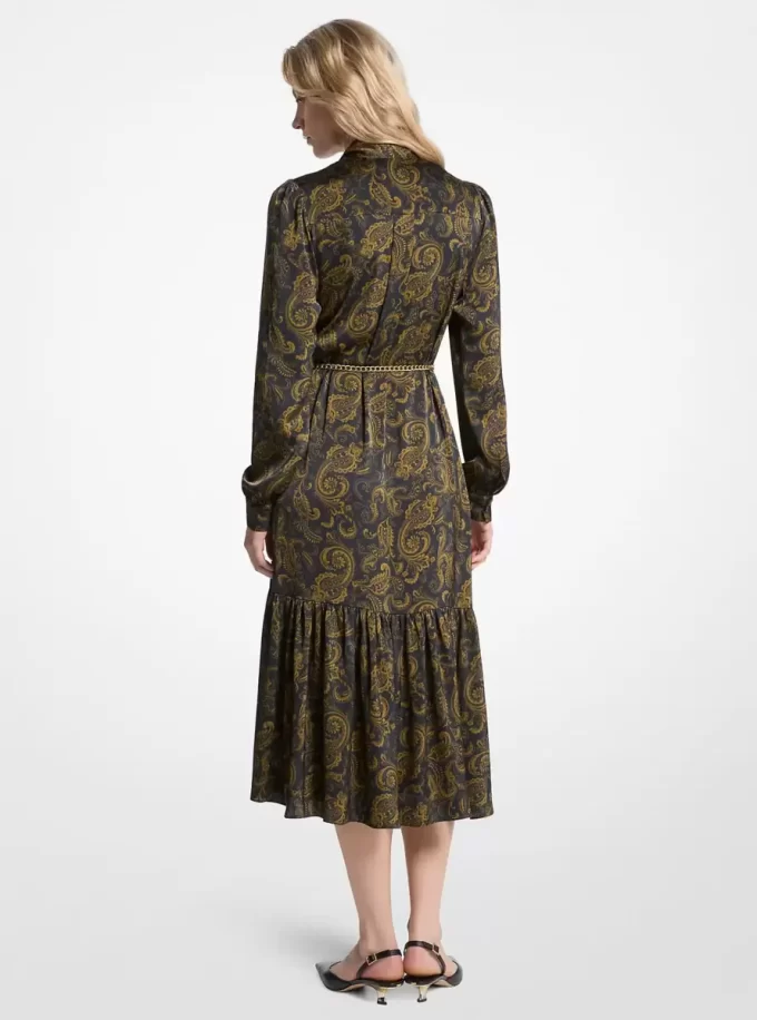 Rochie midi din satin cu imprimeu paisley și guler nou
