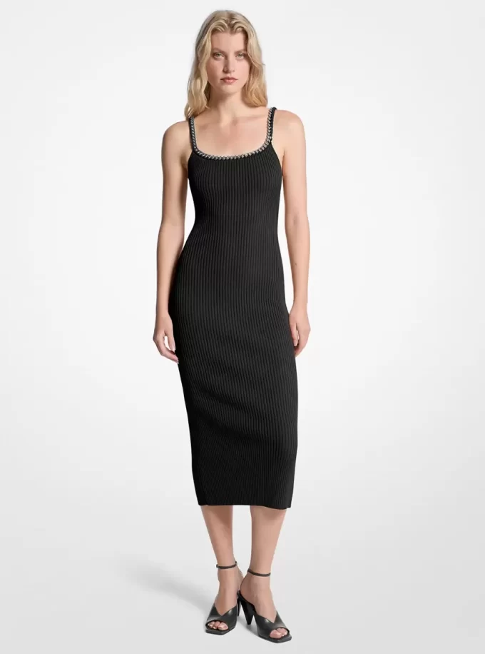 Rochie midi din tricot elastic cu nervuri și lanț