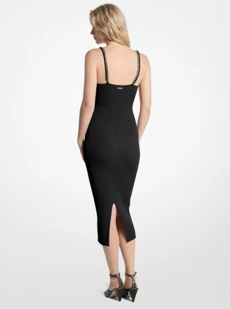 Rochie midi din tricot elastic cu nervuri și lanț