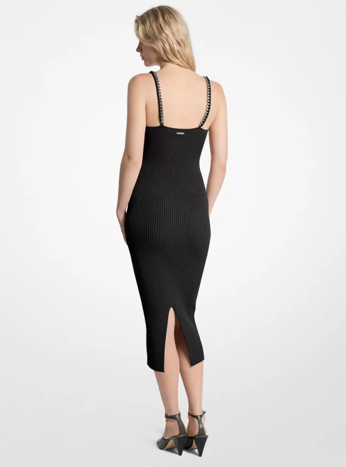 Rochie midi din tricot elastic cu nervuri și lanț