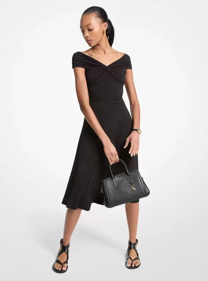 Rochie midi din viscoză elastică, cu umeri goi Rochie midi din viscoză elastică, cu umeri goi