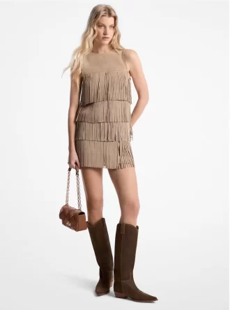 Rochie mini din piele întoarsă cu franjuri