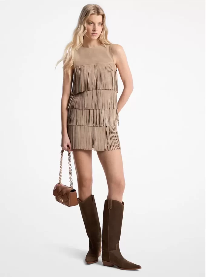 Rochie mini din piele întoarsă cu franjuri Rochie mini din piele întoarsă cu franjuri
