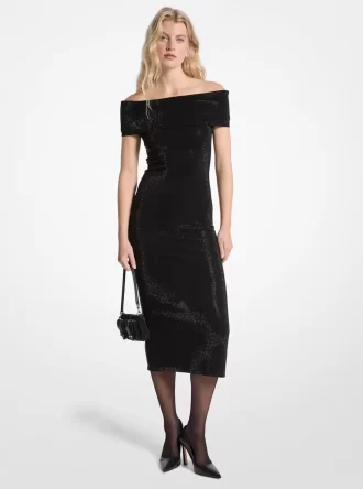 Rochie tricotată elastică cu imprimeu, cu umeri goi
