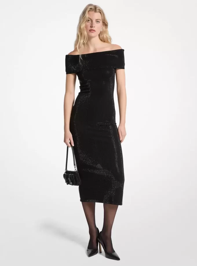 Rochie tricotată elastică cu imprimeu, cu umeri goi