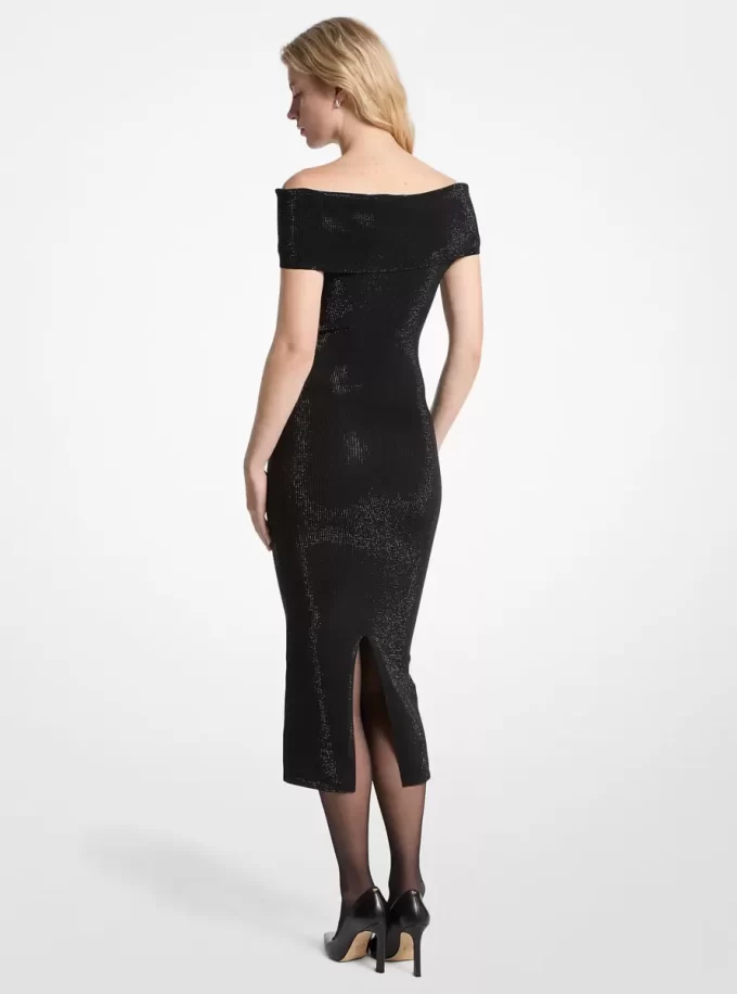 Rochie tricotată elastică cu imprimeu, cu umeri goi