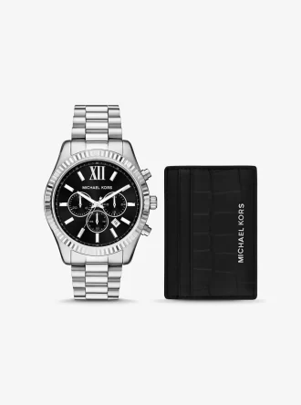 Set cadou ceas Lexington argintiu supradimensionat și toc de card din piele cu relief crocodil