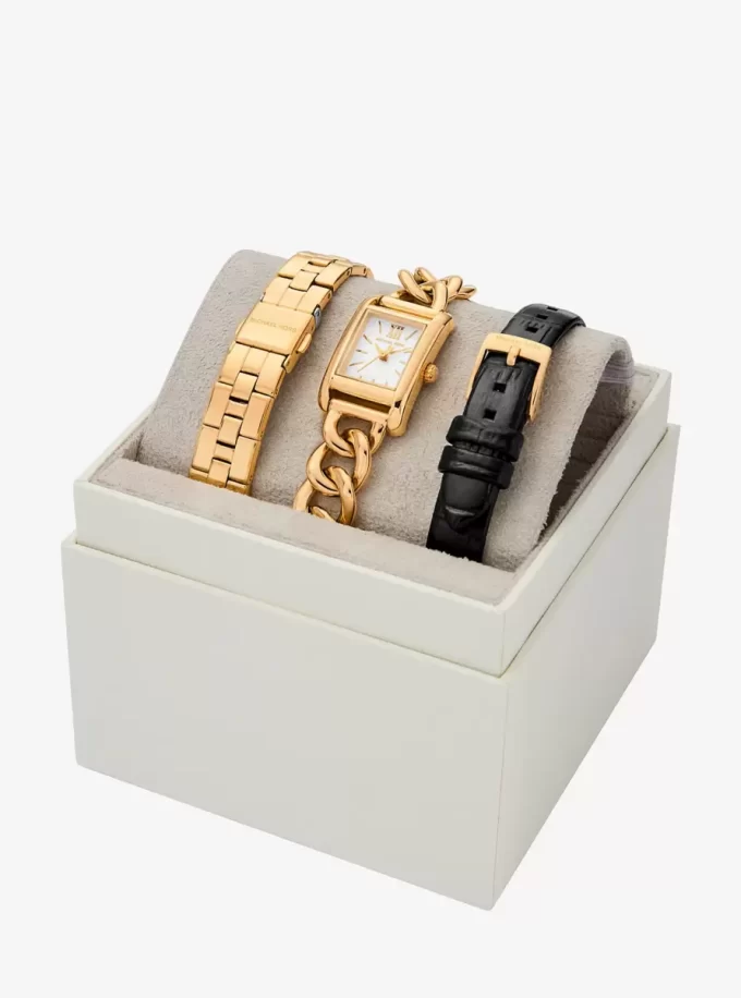 Set curea de ceas Petite Monroe din piele aurie și cu relief crocodil Set curea de ceas Petite Monroe din piele aurie și cu relief crocodil