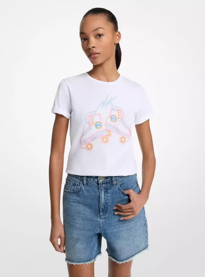 Tricou din bumbac cu grafică și paiete Tricou din bumbac cu grafică și paiete