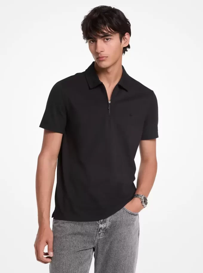 Tricou polo cu fermoar din amestec de bumbac piqué Tricou polo cu fermoar din amestec de bumbac piqué