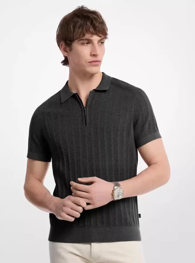 Tricou polo cu fermoar din tricot de bumbac Tricou polo cu fermoar din tricot de bumbac